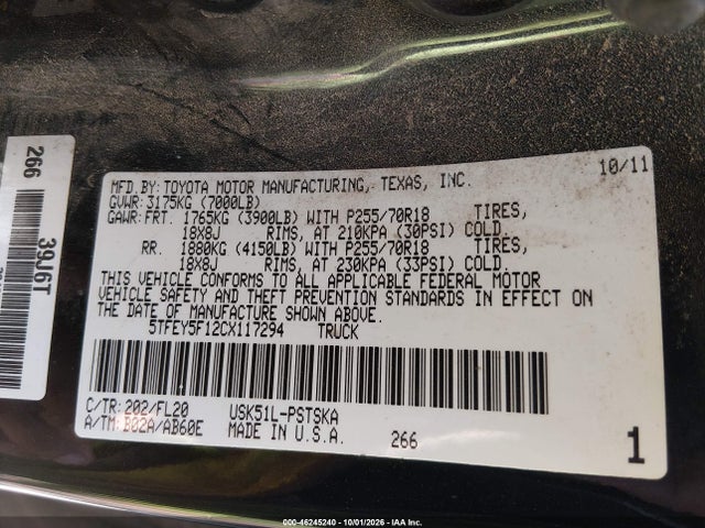 Продаж на аукціоні авто 2012 Toyota Tundra Grade 5.7l V8, vin: 5TFEY5F12CX117294, номер лоту: 46245240
