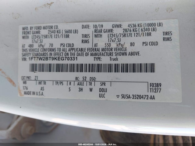 Продажа на аукционе авто 2019 Ford F-250 Xl, vin: 1FT7W2BT9KEG70331, номер лота: 46245244