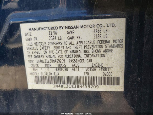 Продажа на аукционе авто 2008 Nissan Altima 3.5 Se, vin: 1N4BL21E38N459209, номер лота: 46245246
