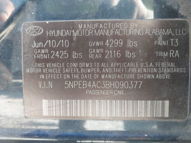 46245255 :رقم المزاد ، 5NPEB4AC3BH090377 vin ، 2011 Hyundai Sonata Gls مزاد بيع
