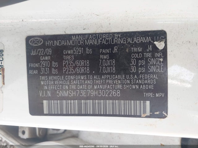 46245260 :رقم المزاد ، 5NMSH73E79H302268 vin ، 2009 Hyundai Santa Fe Se مزاد بيع