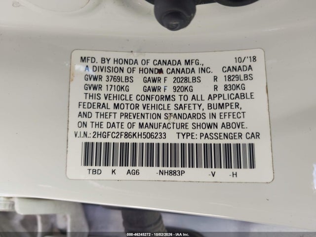 2019 Honda Civic Sport მანქანა იყიდება აუქციონზე, vin: 2HGFC2F86KH506233, აუქციონის ნომერი: 46245272