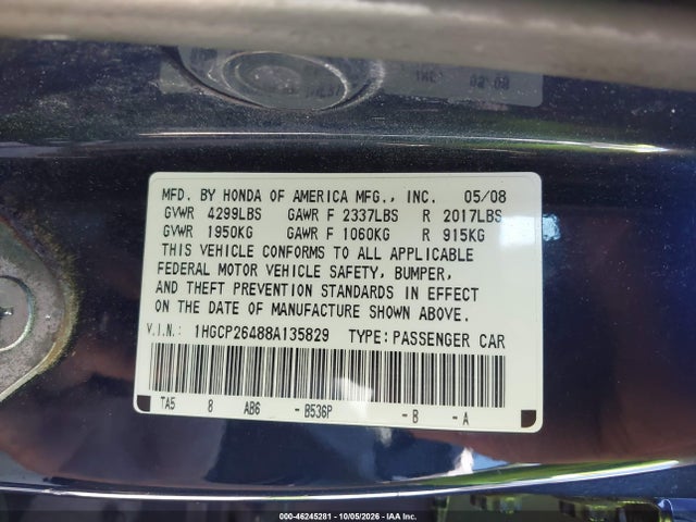 Aukcja sprzedaży 2008 Honda Accord 2.4 Lx-p, vin: 1HGCP26488A135829, numer aukcji: 46245281