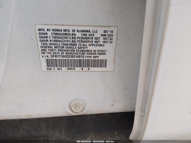 Продажа на аукционе авто 2014 Honda Pilot Ex-l, vin: 5FNYF3H52EB014915, номер лота: 46245283