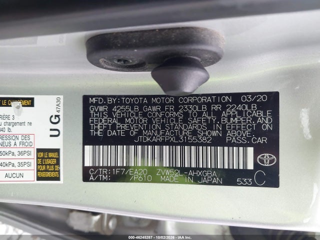 46245287 :رقم المزاد ، JTDKARFPXL3155382 vin ، 2020 Toyota Prius Prime Xle مزاد بيع