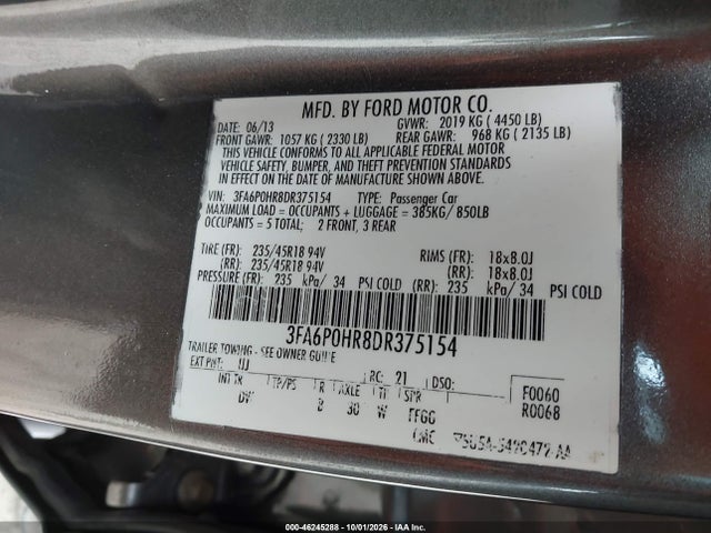 2013 Ford Fusion Se მანქანა იყიდება აუქციონზე, vin: 3FA6P0HR8DR375154, აუქციონის ნომერი: 46245288