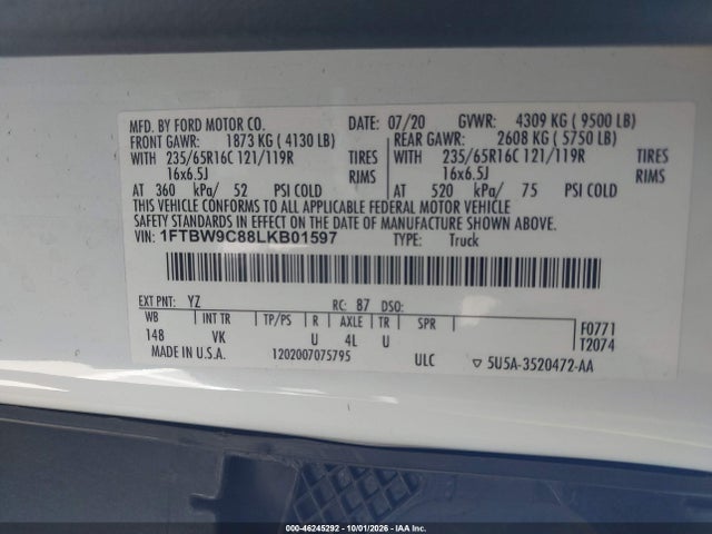 46245292 :رقم المزاد ، 1FTBW9C88LKB01597 vin ، 2020 Ford Transit-350 مزاد بيع