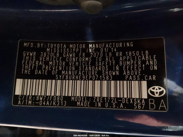 Aukcja sprzedaży 2014 Toyota Corolla S, vin: 5YFBURHE9EP071583, numer aukcji: 46245300