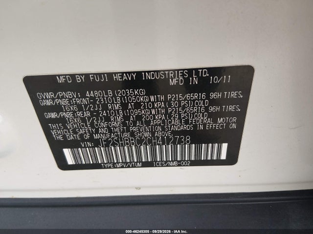 Продаж на аукціоні авто 2012 Subaru Forester 2.5x, vin: JF2SHBBC2CH412738, номер лоту: 46245305