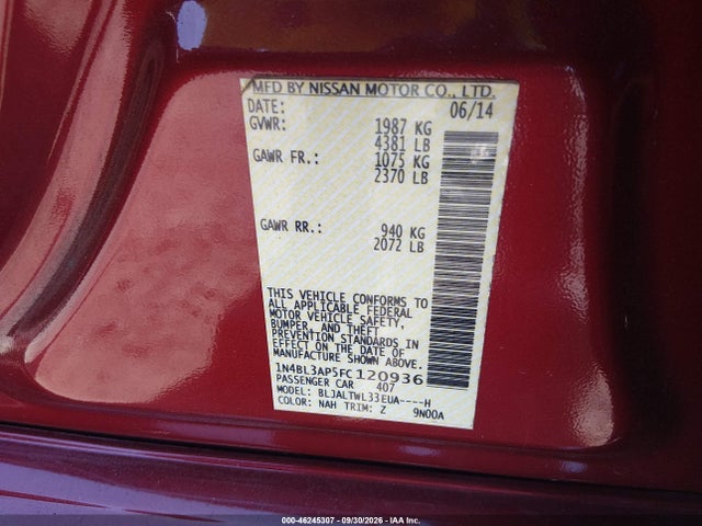 46245307 :رقم المزاد ، 1N4BL3AP5FC120936 vin ، 2015 Nissan Altima 3.5 Sl مزاد بيع