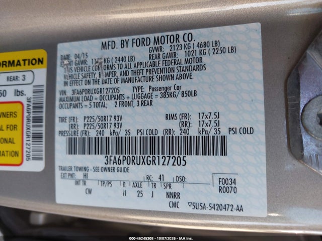 2016 Ford Fusion Hybrid Titanium მანქანა იყიდება აუქციონზე, vin: 3FA6P0RUXGR127205, აუქციონის ნომერი: 46245308
