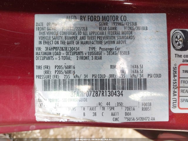 Aukcja sprzedaży 2007 Ford Fusion Se, vin: 3FAHP07Z87R130434, numer aukcji: 46245313