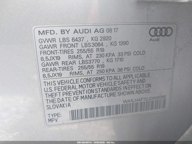 Продажа на аукционе авто 2018 Audi Q7 2.0t Premium, vin: WA1LHAF72JD009285, номер лота: 46245315