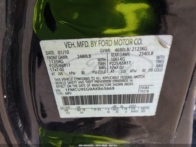 46245343 :رقم المزاد ، 1FMCU9EG9AKB65669 vin ، 2010 Ford Escape Limited مزاد بيع