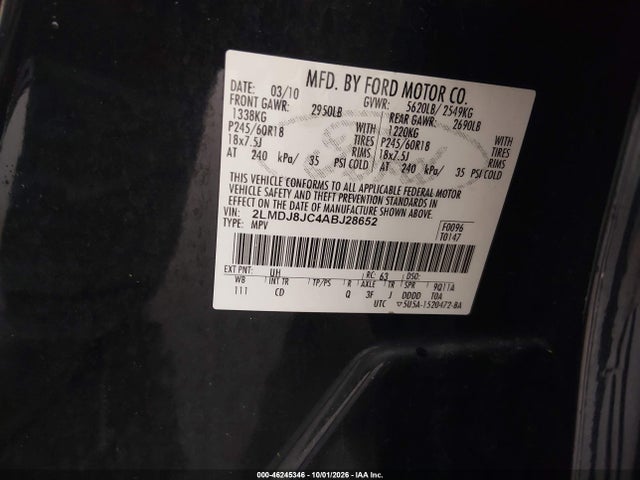 46245346 :رقم المزاد ، 2LMDJ8JC4ABJ28652 vin ، 2010 Lincoln Mkx مزاد بيع