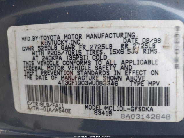 Auction sale of the 1998 Toyota Sienna Ce, vin: 4T3GF19C3WU083346, lot number: 46245397