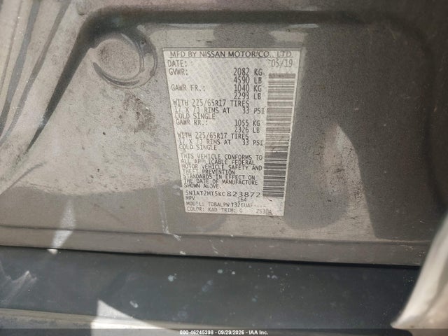 2019 Nissan Rogue S მანქანა იყიდება აუქციონზე, vin: 5N1AT2MT5KC823872, აუქციონის ნომერი: 46245398
