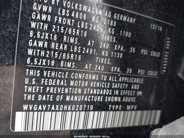 46245432 :رقم المزاد ، WVGAV7AX0HK020710 vin ، 2017 Volkswagen Tiguan 2.0t/2.0t S مزاد بيع