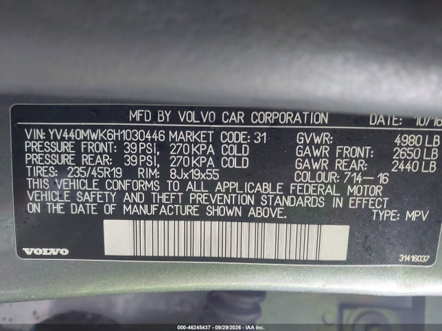 46245437 :رقم المزاد ، YV440MWK6H1030446 vin ، 2017 Volvo V60 Cross Country T5 مزاد بيع