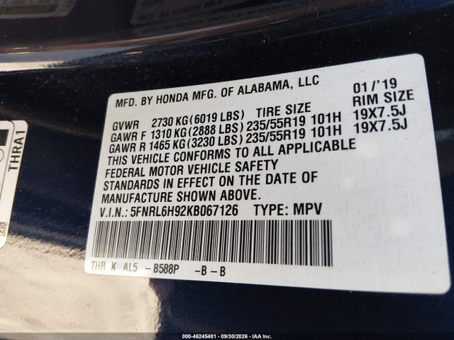Продажа на аукционе авто 2019 Honda Odyssey Elite, vin: 5FNRL6H92KB067126, номер лота: 46245481