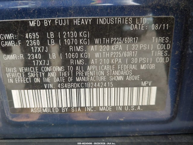 Продажа на аукционе авто 2011 Subaru Outback 3.6r Limited, vin: 4S4BRDKC1B2442415, номер лота: 46245496