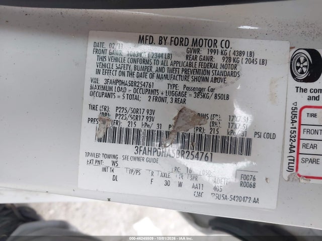 Продаж на аукціоні авто 2011 Ford Fusion Se, vin: 3FAHP0HA5BR254761, номер лоту: 46245509
