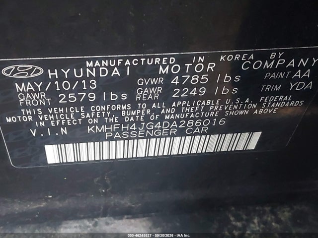 46245527 :رقم المزاد ، KMHFH4JG4DA286016 vin ، 2013 Hyundai Azera مزاد بيع