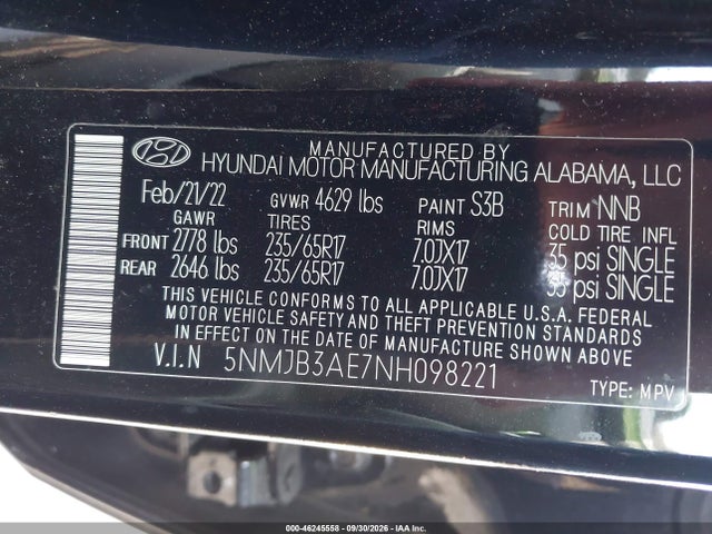 46245558 :رقم المزاد ، 5NMJB3AE7NH098221 vin ، 2022 Hyundai Tucson Sel مزاد بيع