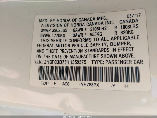 2017 Honda Civic Ex-l მანქანა იყიდება აუქციონზე, vin: 2HGFC3B75HH359575, აუქციონის ნომერი: 46245562