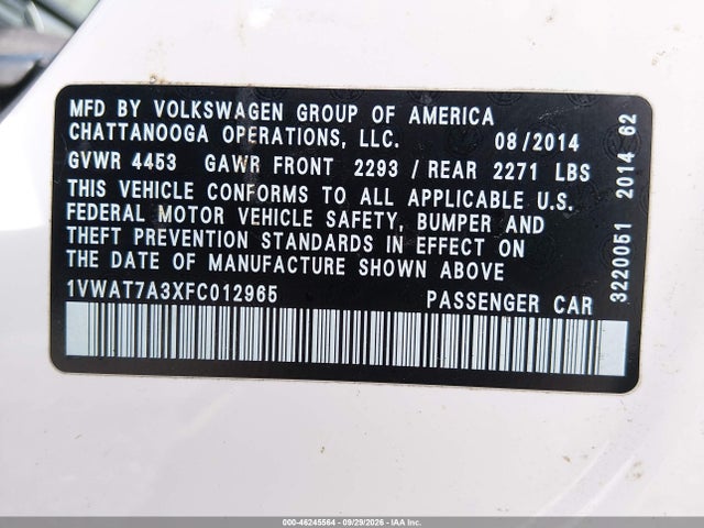 46245564 :رقم المزاد ، 1VWAT7A3XFC012965 vin ، 2015 Volkswagen Passat 1.8t S مزاد بيع