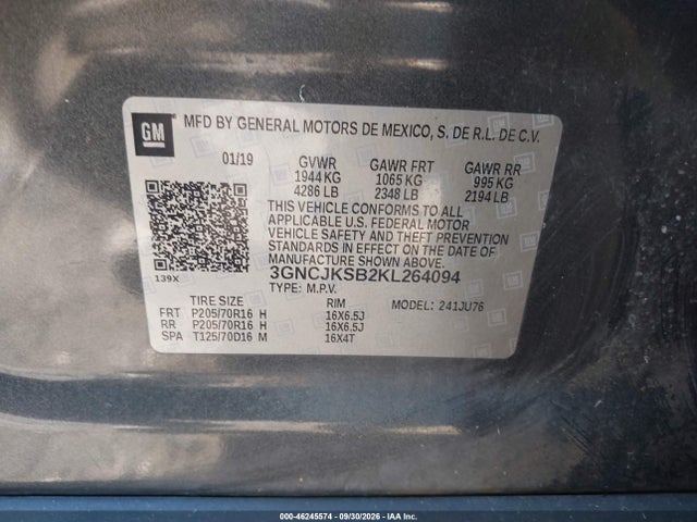 46245574 :رقم المزاد ، 3GNCJKSB2KL264094 vin ، 2019 Chevrolet Trax Ls مزاد بيع