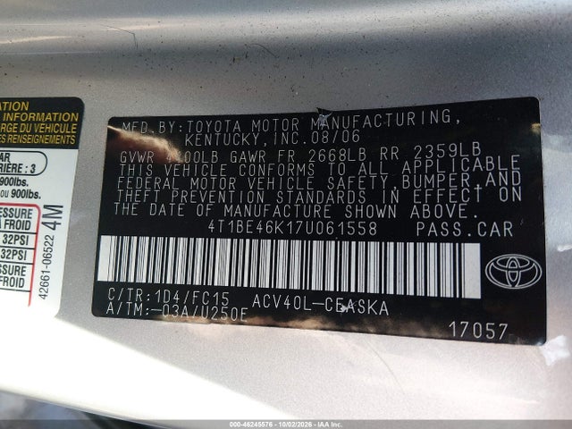 Продаж на аукціоні авто 2007 Toyota Camry Se, vin: 4T1BE46K17U061558, номер лоту: 46245576