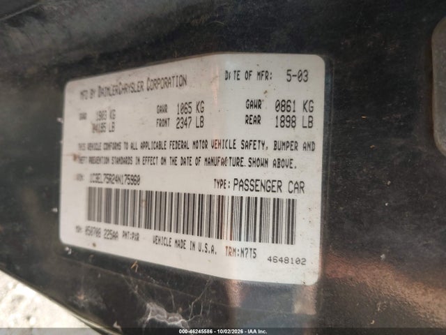 Aukcja sprzedaży 2004 Chrysler Sebring Gtc, vin: 1C3EL75R24N175960, numer aukcji: 46245586