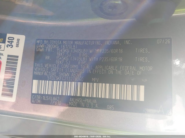 Продаж на аукціоні авто 2026 Toyota Sienna Limited/platinum, vin: 5TDZSKFC2TS278060, номер лоту: 46245616