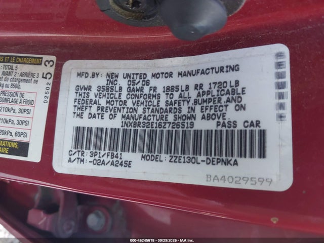 Продажа на аукционе авто 2006 Toyota Corolla Le, vin: 1NXBR32E16Z726519, номер лота: 46245618