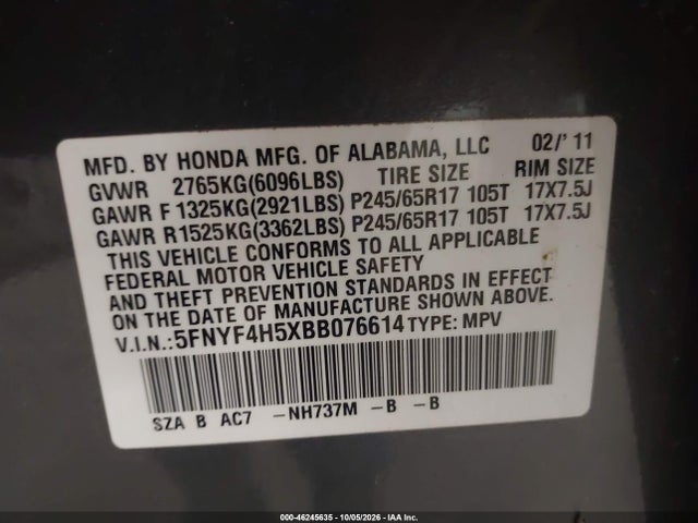 Продаж на аукціоні авто 2011 Honda Pilot Ex-l, vin: 5FNYF4H5XBB076614, номер лоту: 46245635
