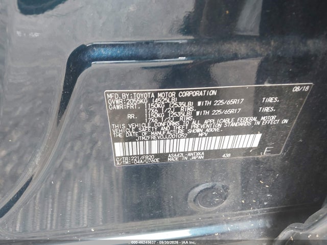 Aukcja sprzedaży 2018 Toyota Rav4 Le, vin: JTMZFREV0JJ201052, numer aukcji: 46245637