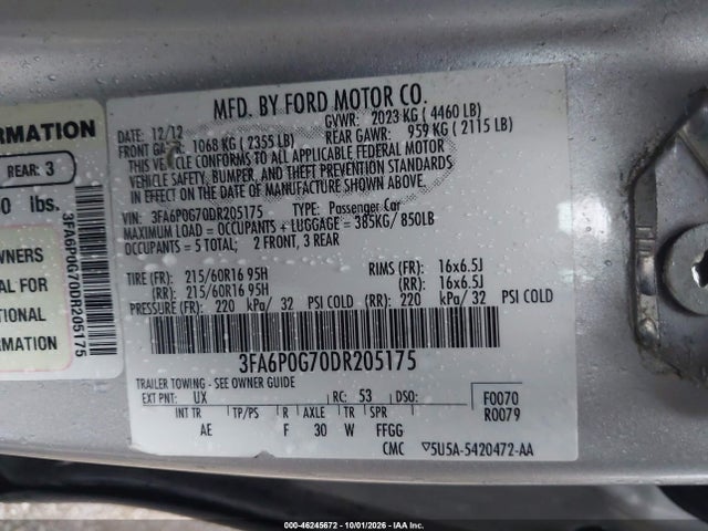 46245672 :رقم المزاد ، 3FA6P0G70DR205175 vin ، 2013 Ford Fusion S مزاد بيع
