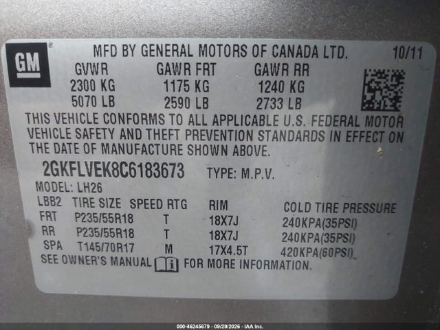 Продаж на аукціоні авто 2012 Gmc Terrain Slt-1, vin: 2GKFLVEK8C6183673, номер лоту: 46245679