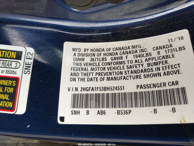 Продажа на аукционе авто 2011 Honda Civic Lx, vin: 2HGFA1F53BH524551, номер лота: 46245724