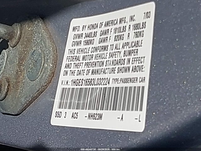 Продажа на аукционе авто 2003 Honda Civic Lx, vin: 1HGES16583L032224, номер лота: 46245726