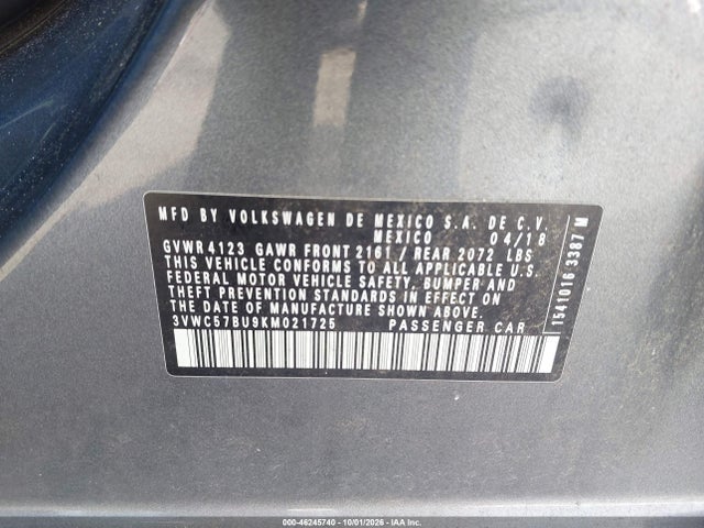 46245740 :رقم المزاد ، 3VWC57BU9KM021725 vin ، 2019 Volkswagen Jetta 1.4t R-line/1.4t S/1.4t Se مزاد بيع