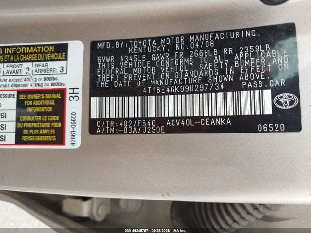 Продажа на аукционе авто 2009 Toyota Camry Le, vin: 4T1BE46K99U297734, номер лота: 46245757
