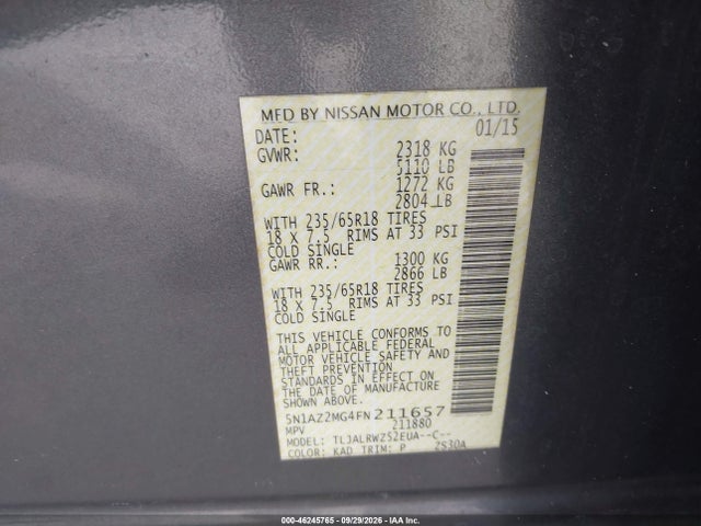 2015 Nissan Murano Sl მანქანა იყიდება აუქციონზე, vin: 5N1AZ2MG4FN211657, აუქციონის ნომერი: 46245765