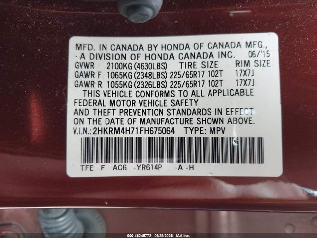 46245772 :رقم المزاد ، 2HKRM4H71FH675064 vin ، 2015 Honda Cr-v Ex-l مزاد بيع
