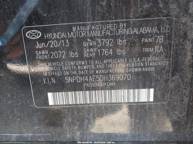 Продаж на аукціоні авто 2013 Hyundai Elantra Limited, vin: 5NPDH4AE5DH369070, номер лоту: 46245799