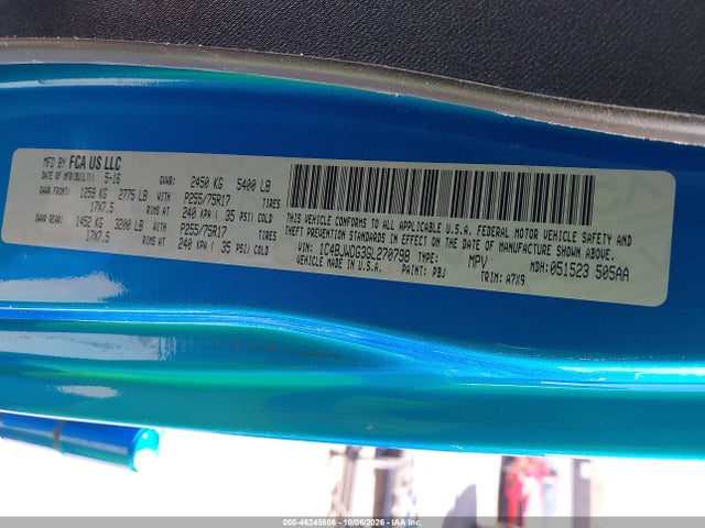 46245806 :رقم المزاد ، 1C4BJWDG3GL270798 vin ، 2016 Jeep Wrangler Unlimited Sport مزاد بيع