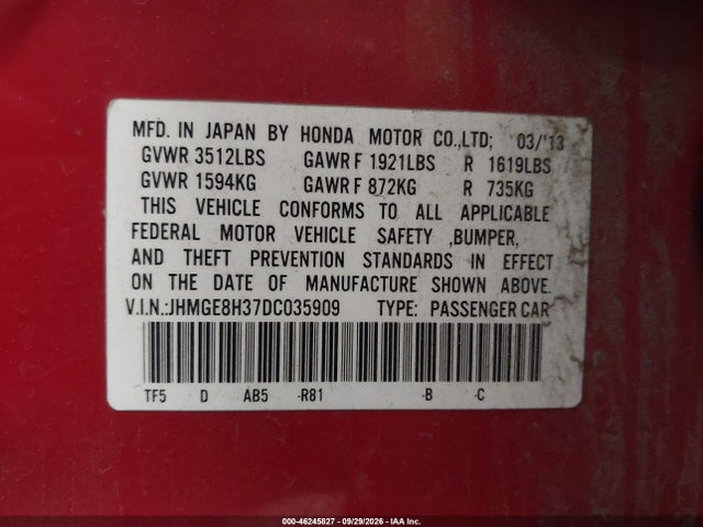 Продажа на аукционе авто 2013 Honda Fit, vin: JHMGE8H37DC035909, номер лота: 46245827
