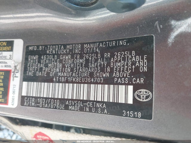 46245830 :رقم المزاد ، 4T1BF1FK8EU364703 vin ، 2014 Toyota Camry Le مزاد بيع