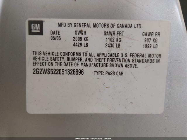 46245832 :رقم المزاد ، 2G2WS522051326896 vin ، 2005 Pontiac Grand Prix Gt مزاد بيع